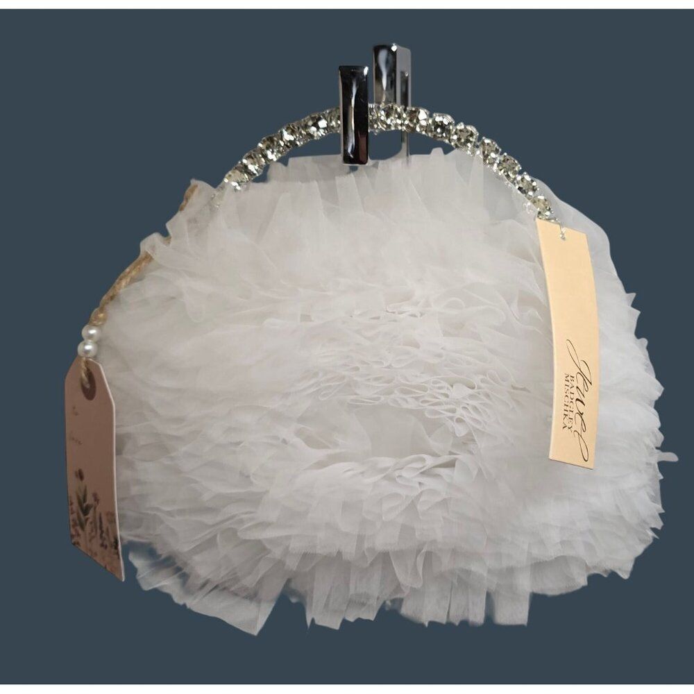 Badgley Mischka White Ruffle Tulle Clutch with Crystal Handle